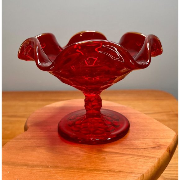 Vintage Viking Ruby Red Georgian Honey Comb 6.5" Ruffled Footed Bowl/Compote, Sh - Picture 5 of 10